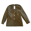 Khaki military-style jacket with gold buttons on a white background