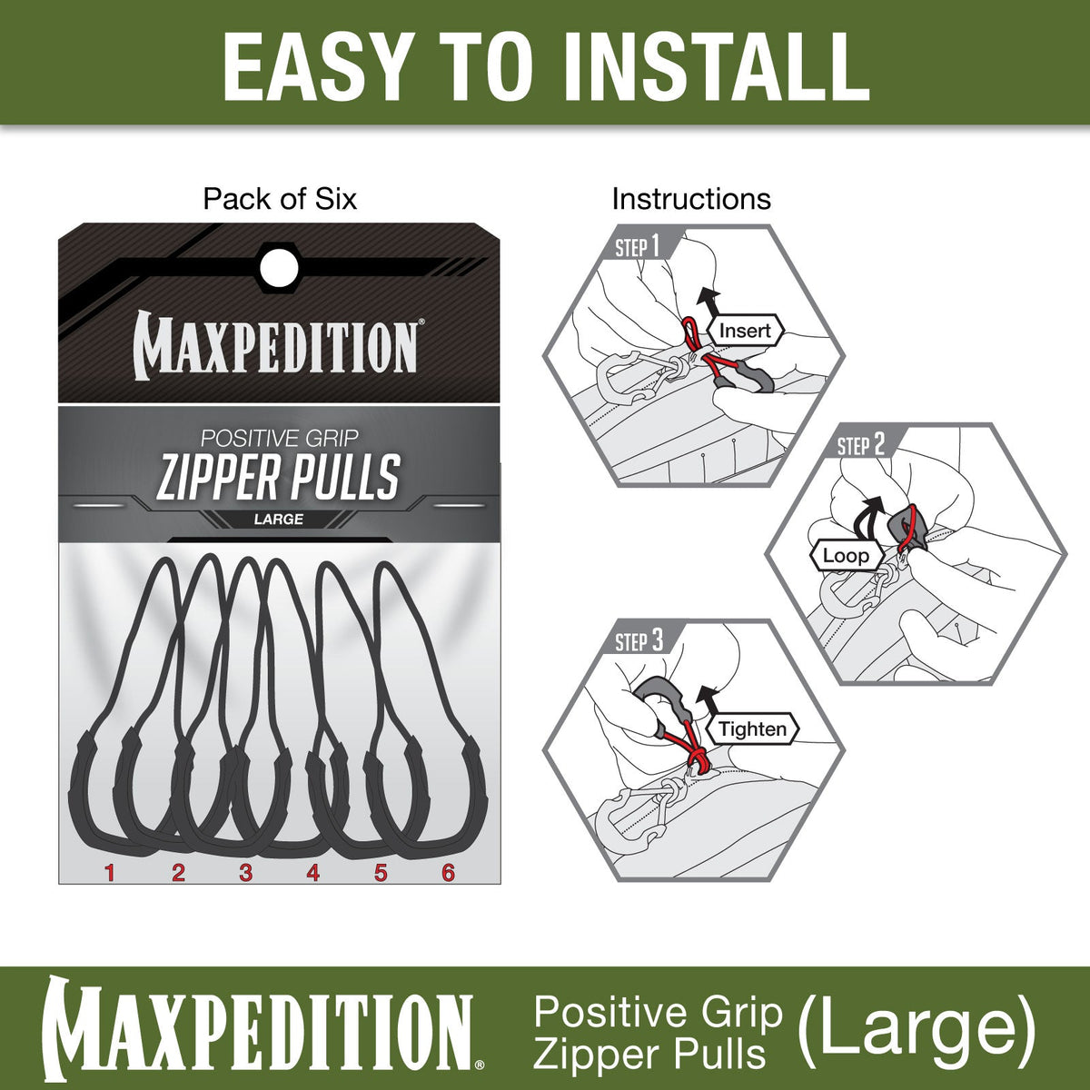 Maxpedition Large EMS PZL Positive Red Zipper Pulls Pack of 6