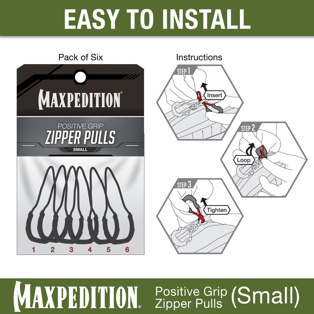 Maxpedition Small Tan PZL Positive Grip Zipper Pulls Pack of 6