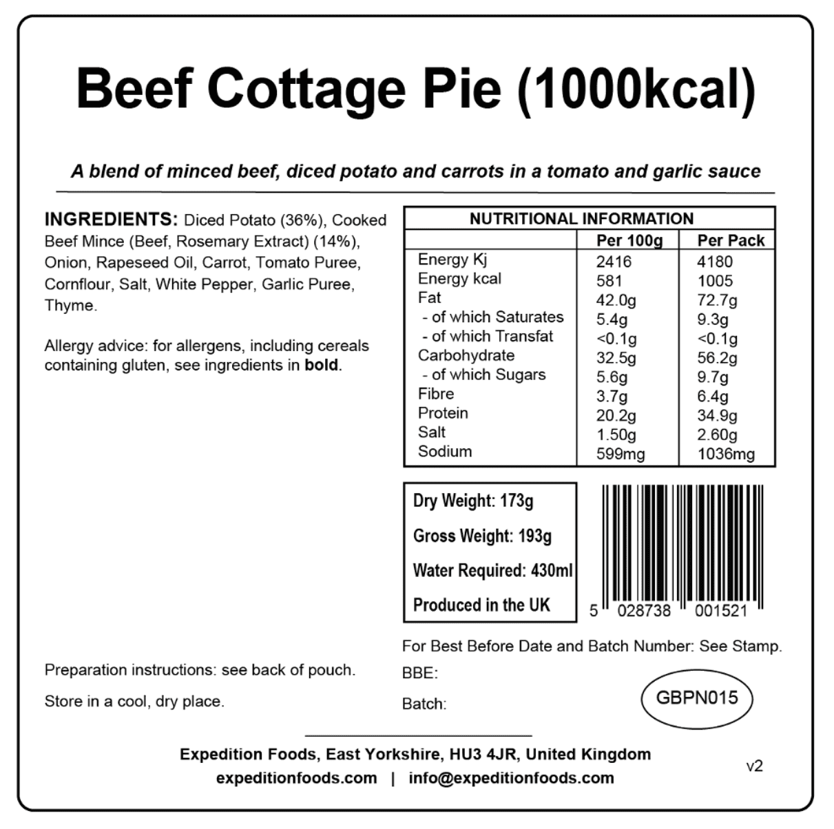Expedition Foods Freeze Dried Meal Pouch - Beef Cottage Pie - Various Sizes