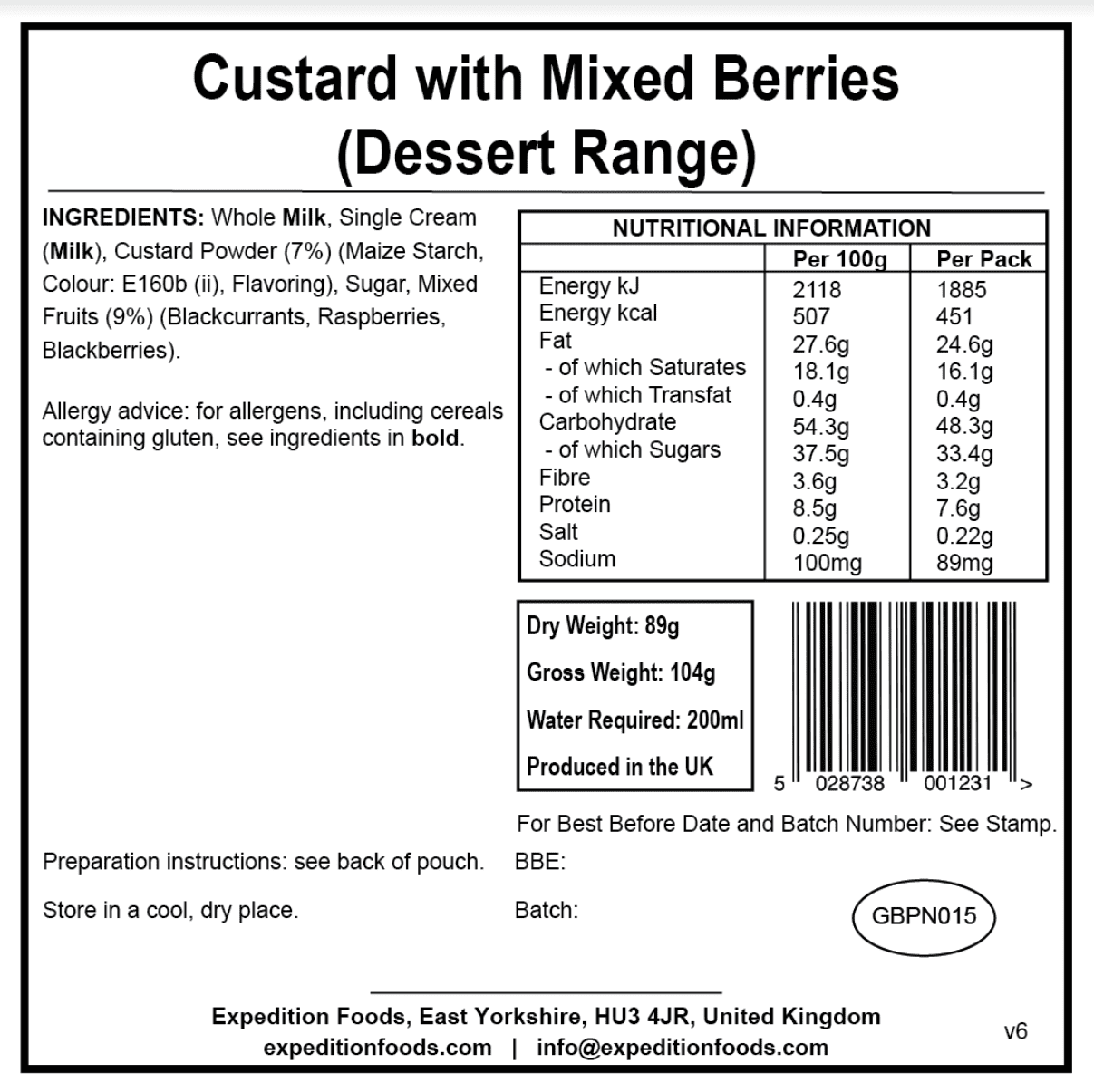 Expedition Foods Freeze Dried Meal Pouch - Custard With Mixed Berries Dessert